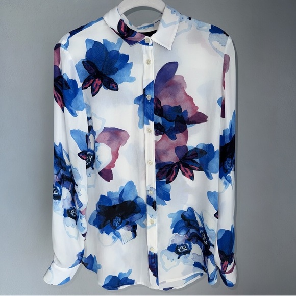 Banana Republic Sheer Floral Chiffon Button Up Blouse Blue White Women S - Picture 4 of 8